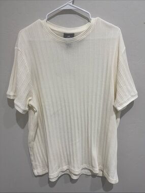 H&M Men's Off-White Ribbed Short-Sleeve Tee